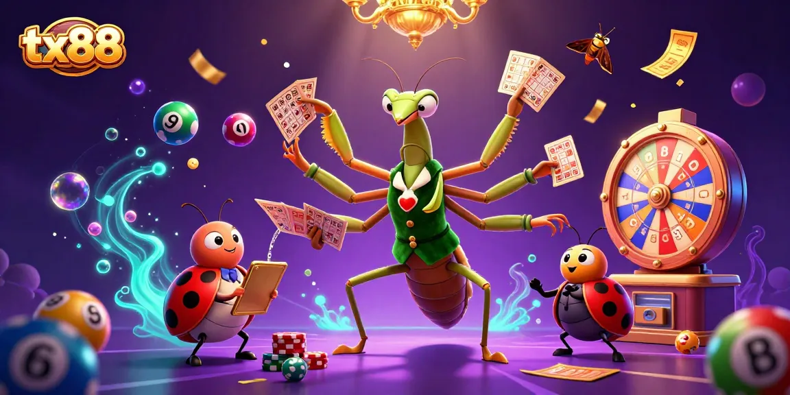 Experience the excitement of tx88 with giant mantis and ladybug in vibrant casino scene.