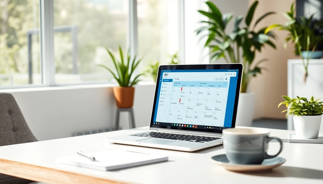 Utilize optimize meeting scheduling AI with a professional workspace showcasing an AI interface.