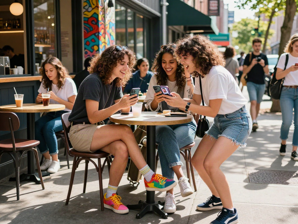Friends joyfully discovering who looks like a celebrity in a lively urban setting.