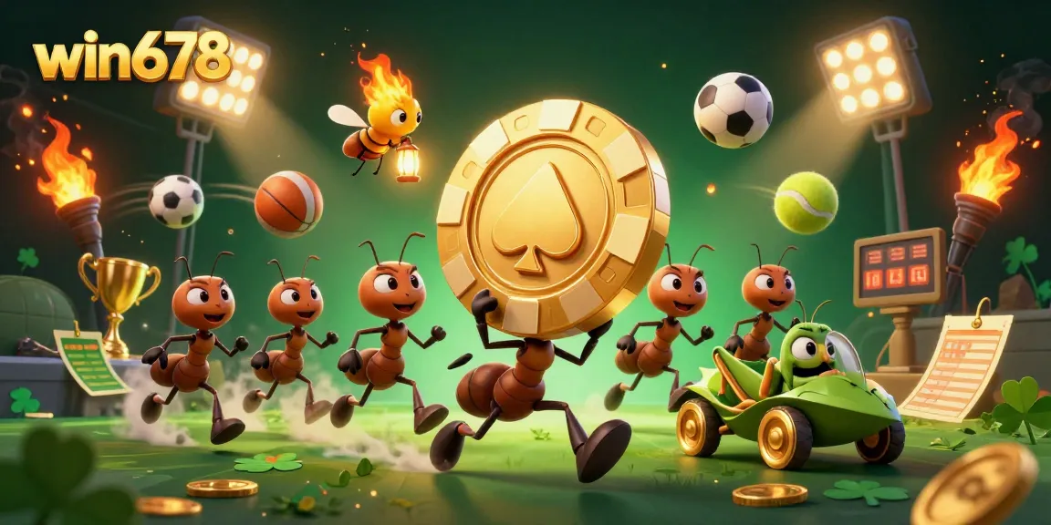 Win678 ants orchestrate a heist with a golden poker chip while sports elements animate the background.
