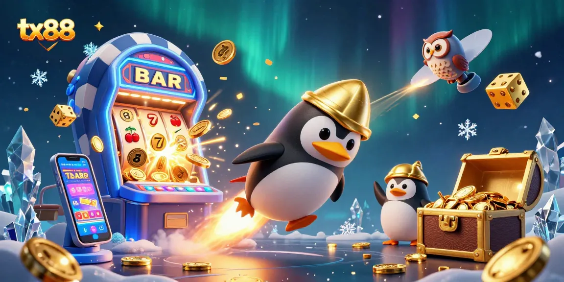 Win big with tx88: An exciting 3D illustration of a penguin navigating a casino universe.