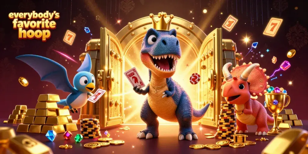 Engage with everybody's favorite hoop in this vibrant casino scene featuring T-Rex and friends.