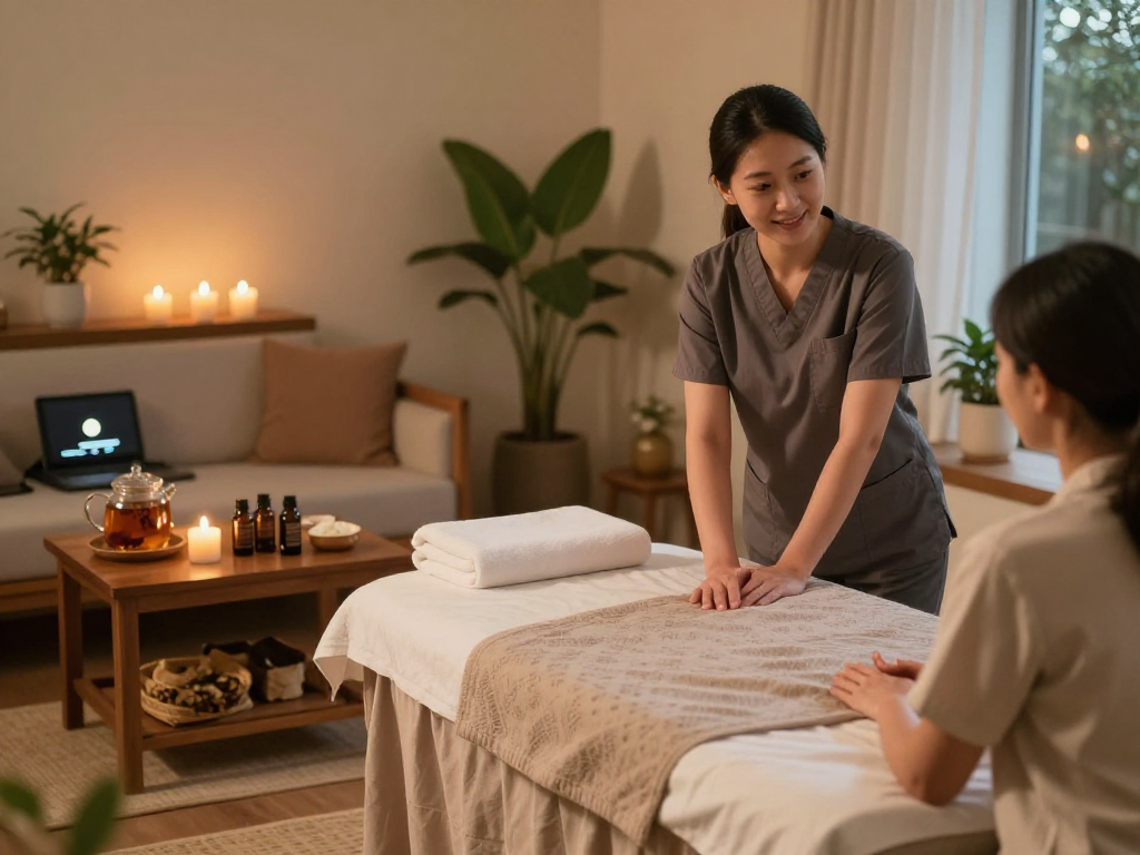 mantra88 login available in a serene spa environment featuring massage therapy setup and client consultation.