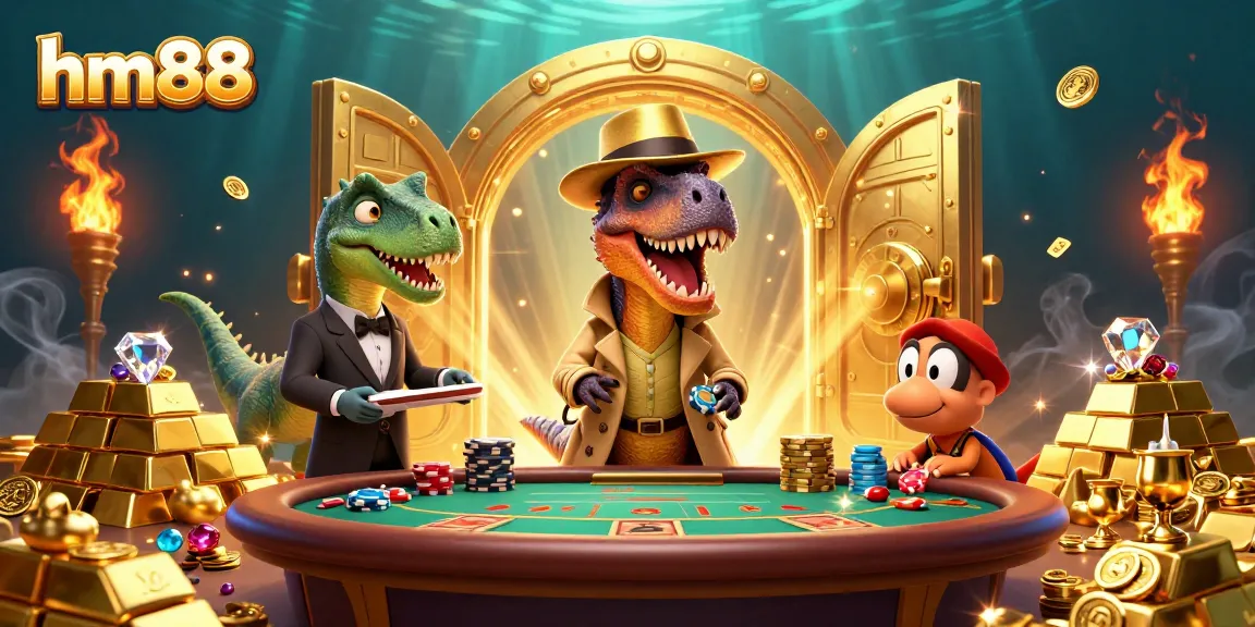 Play at hm88 and experience a cartoon velociraptor card counter amidst a dazzling casino world.