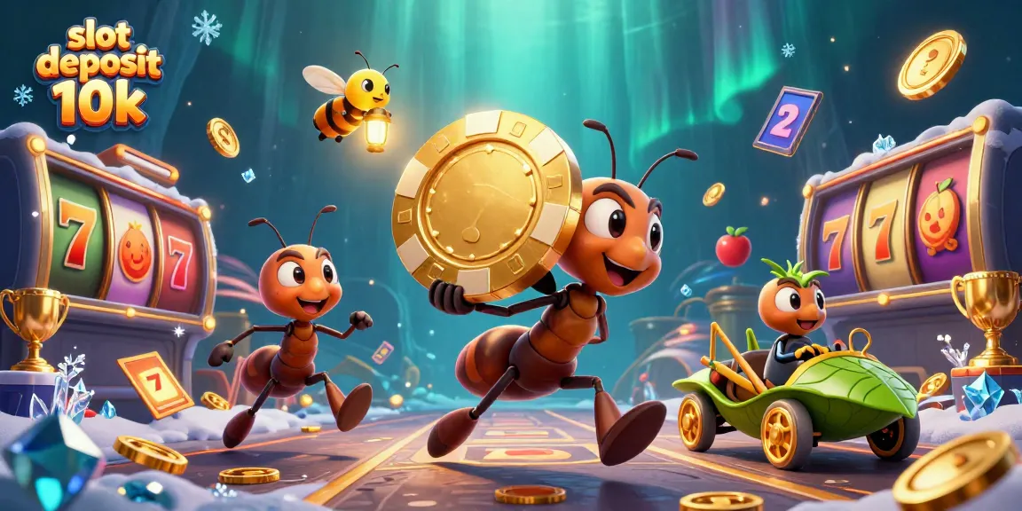 Menggoda pemain dengan slot deposit 10k, ilustrasi 3D tim semut mencuri chip poker emas yang besar.