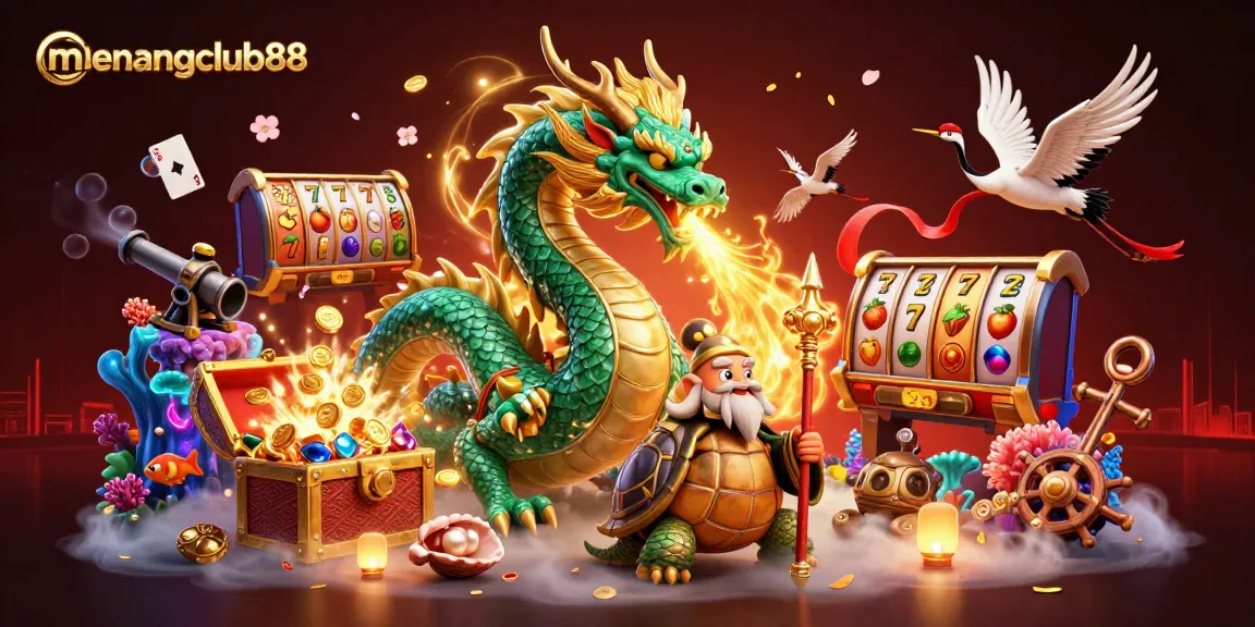 Win big with menangclub88 through a dynamic 3D illustration of casino adventures featuring a jade dragon and lucky symbols.
