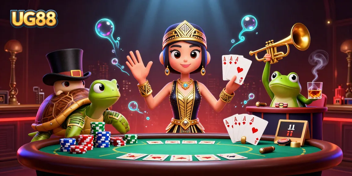 Engage with UG88's vibrant gambling scene of poker and fun characters in a dynamic casino illustration.