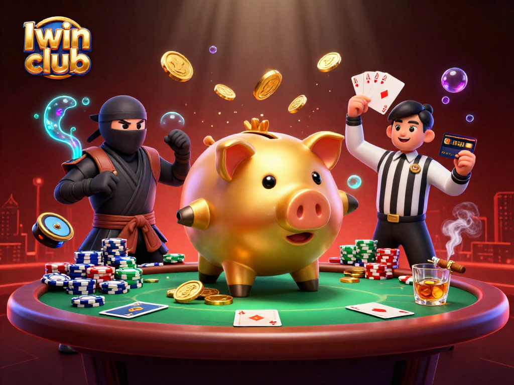 Iwin club presents a thrilling scene of a piggy bank sumo wrestler amidst colorful poker elements.