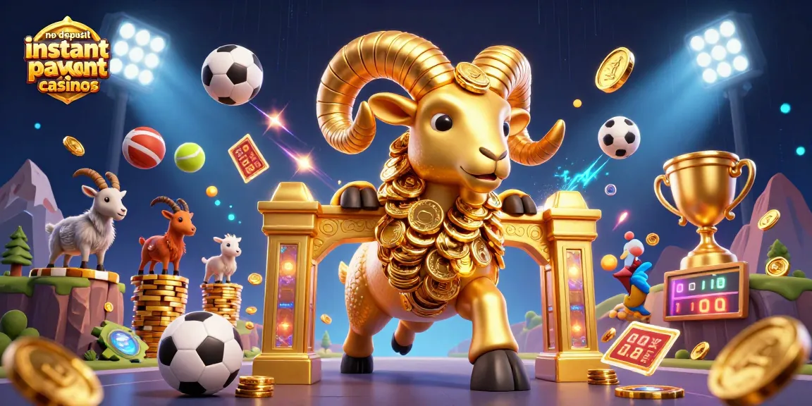 No deposit instant payout casinos feature a dynamic scene with a golden ram, sports elements, and energetic graphics.