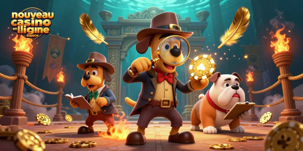 Explorez un nouveau casino en ligne en France avec une illustration captivante de détectives canins et des indices de poker.