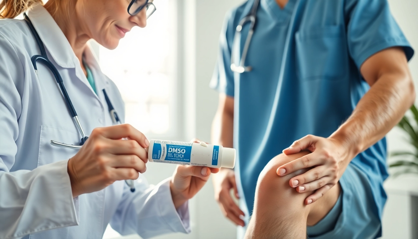 Demonstration of DMSO cream uses on a patient's knee in a clinical setting.