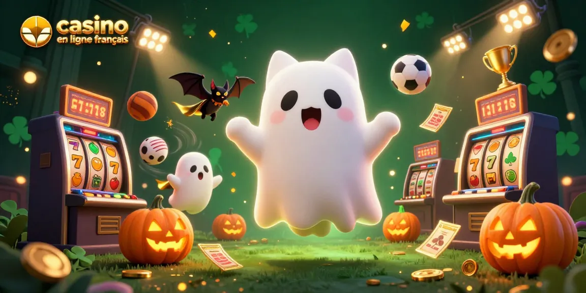 Le concept dynamique d'un casino en ligne français avec un chat fantôme et des rouleaux de machines à sous illuminés.