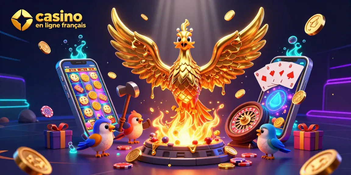 Illustrez le monde du casino en ligne français avec des pièces d'or et un phénix doré.