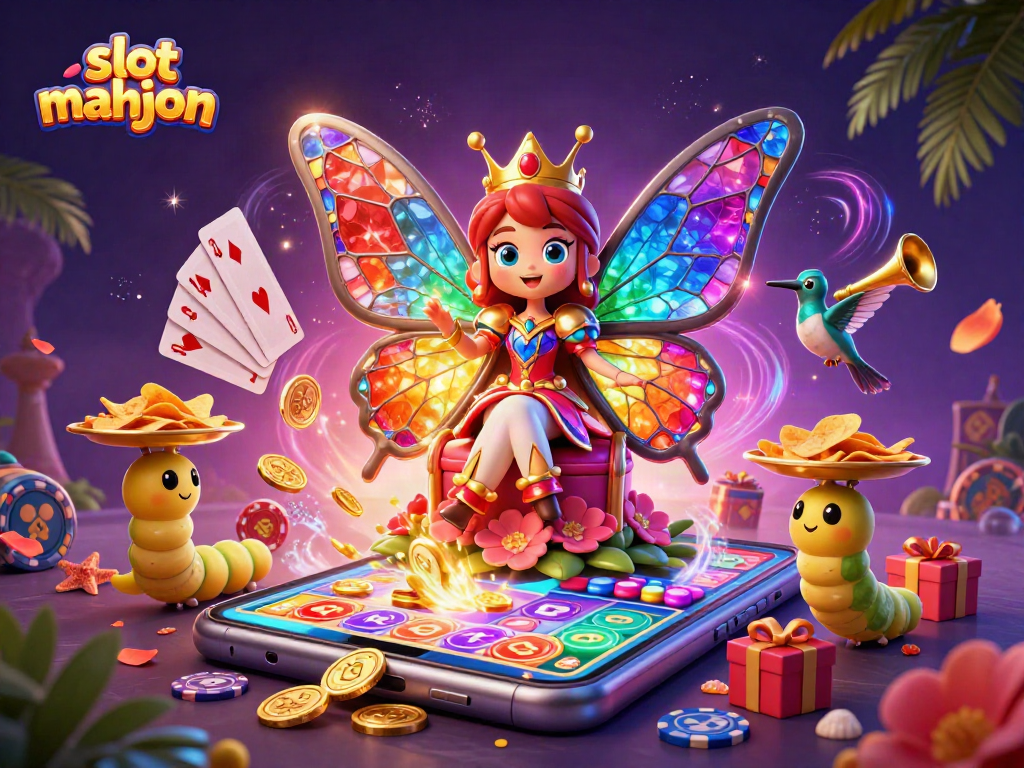 Engage in slot mahjong with a colorful 3D scene featuring a butterfly queen and vibrant game elements.