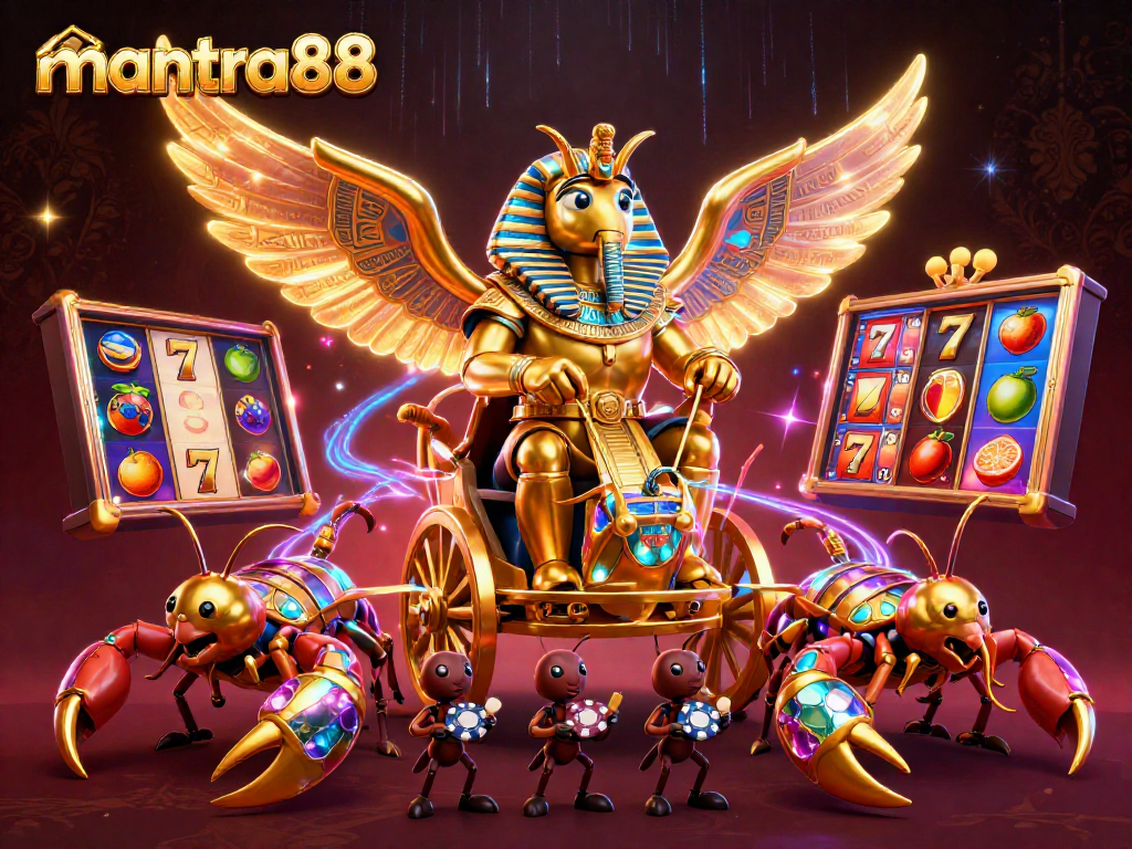 Experience thrilling slots action with mantra88's vibrant 3D illustration featuring a golden scarab and scorpions.