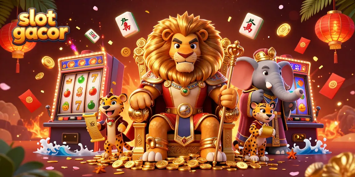 Engage with slot gacor games featuring a regal lion king and vibrant casino elements in an ultra-detailed scene.