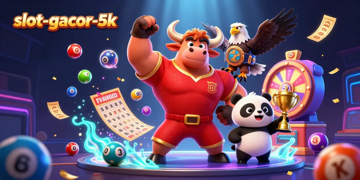 Hit big with slot-gacor-5k at the vibrant casino scene featuring playful characters and dynamic gaming elements.