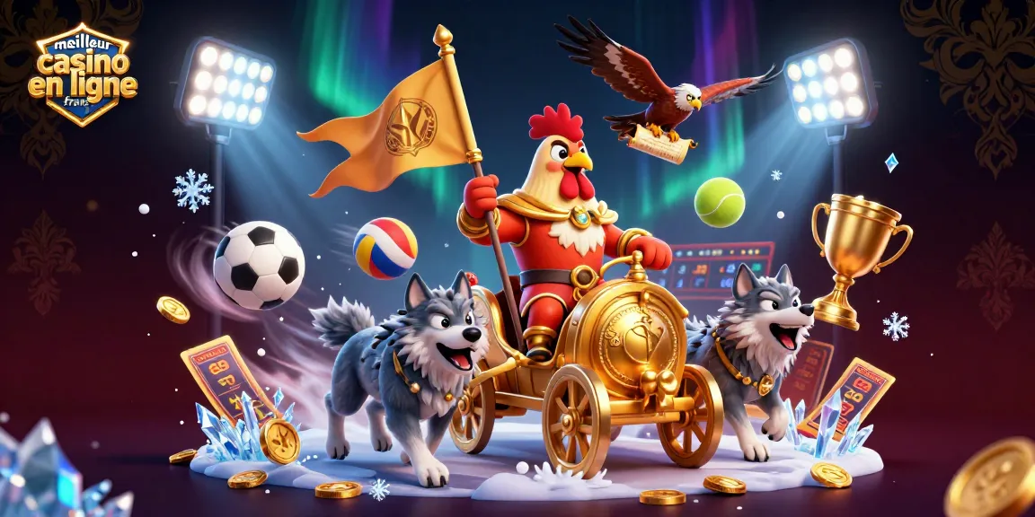 Meilleur casino en ligne France : un roi aviateur mène son chariot doré entouré de sports et de trophées.
