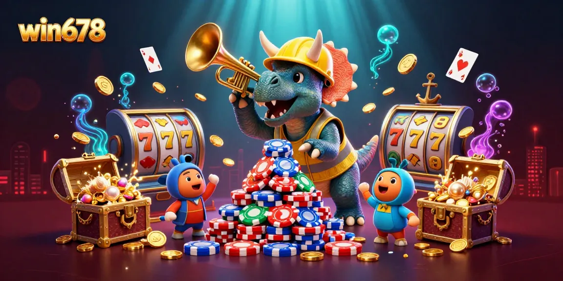 Experience the excitement of win678 with a dynamic scene of animated characters celebrating casino wins.