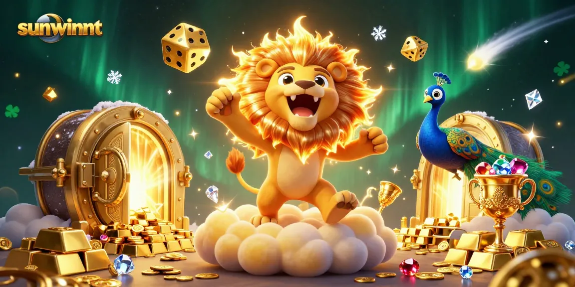 Experience sunwinnt with a vibrant 3D illustration showcasing casino excitement and treasure.