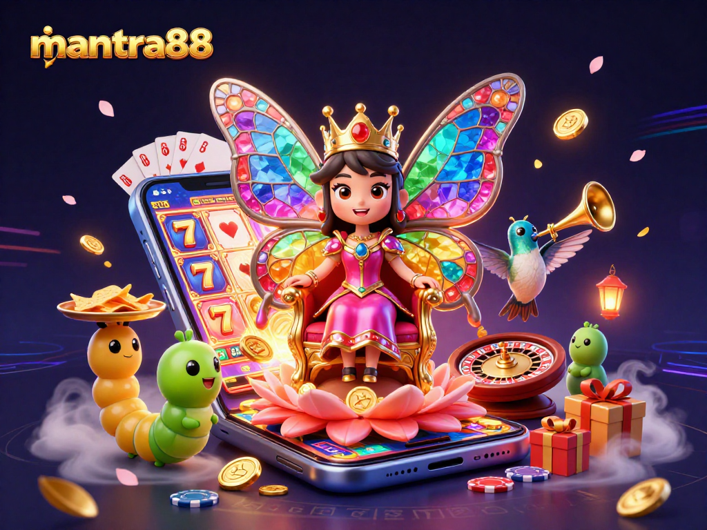Spin vibrant slots and win with mantra88 in a captivating casino fantasy scene featuring a butterfly queen.