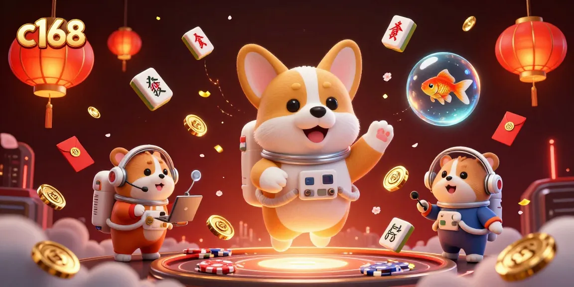 Experience thrilling gameplay at c168 casino with floating cartoon characters and vibrant casino elements.