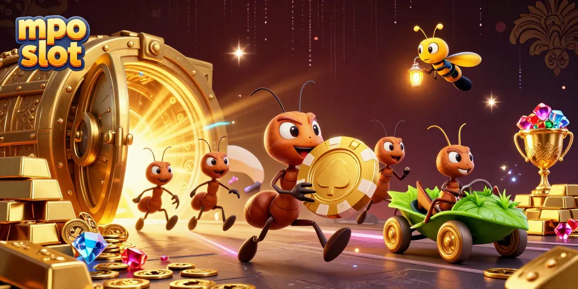 Engaging mpo slot scene with ants carrying a giant poker chip amid treasure and game elements.