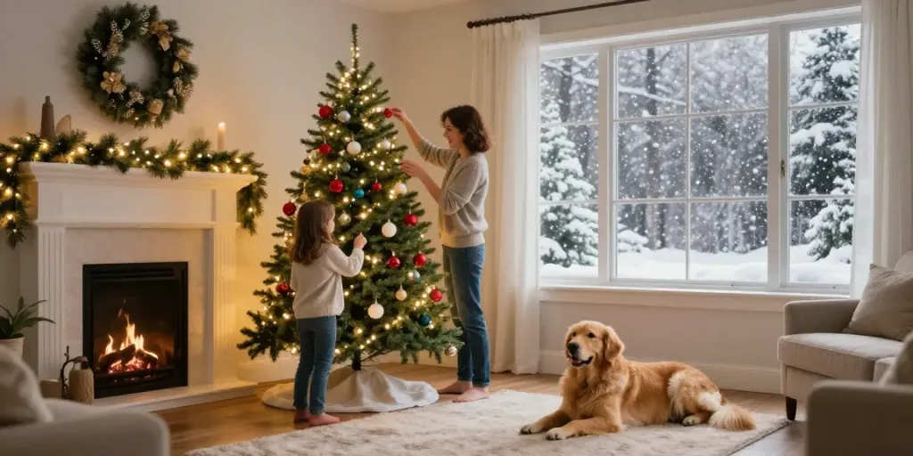 Family joyfully decorating a pre lit pencil slim christmas tree in a cozy living room.