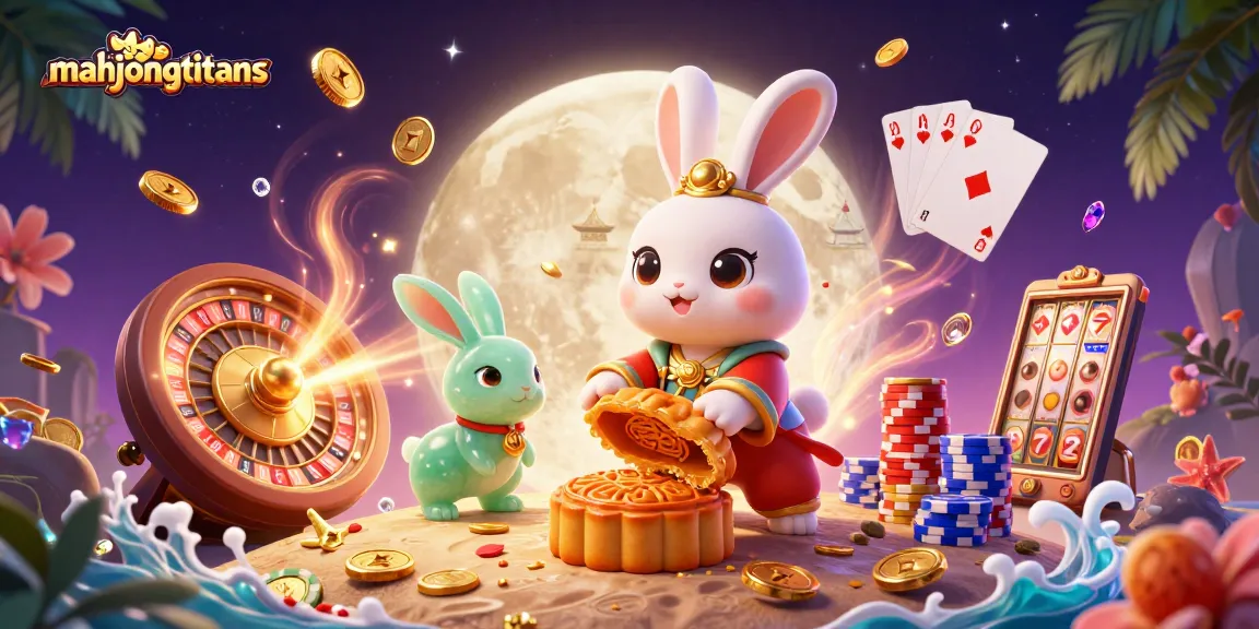 Engage in mahjongtitans with a dynamic scene of moon rabbits revealing poker chips amidst casino elements.