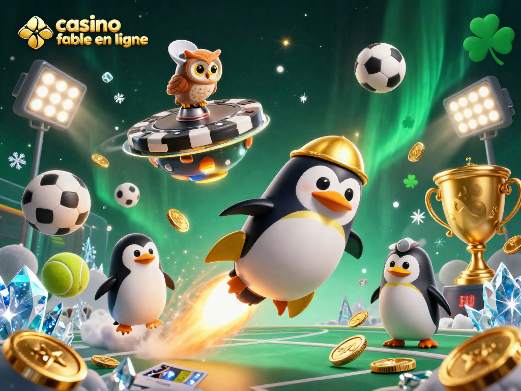 Visualisez un casino fiable en ligne avec un pingouin doré propulsé par une fusée, laissant des pièces d'or derrière lui.