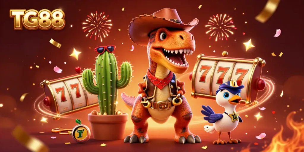 Experience TG88's vibrant casino scene with a cowboy dinosaur and festive game elements.