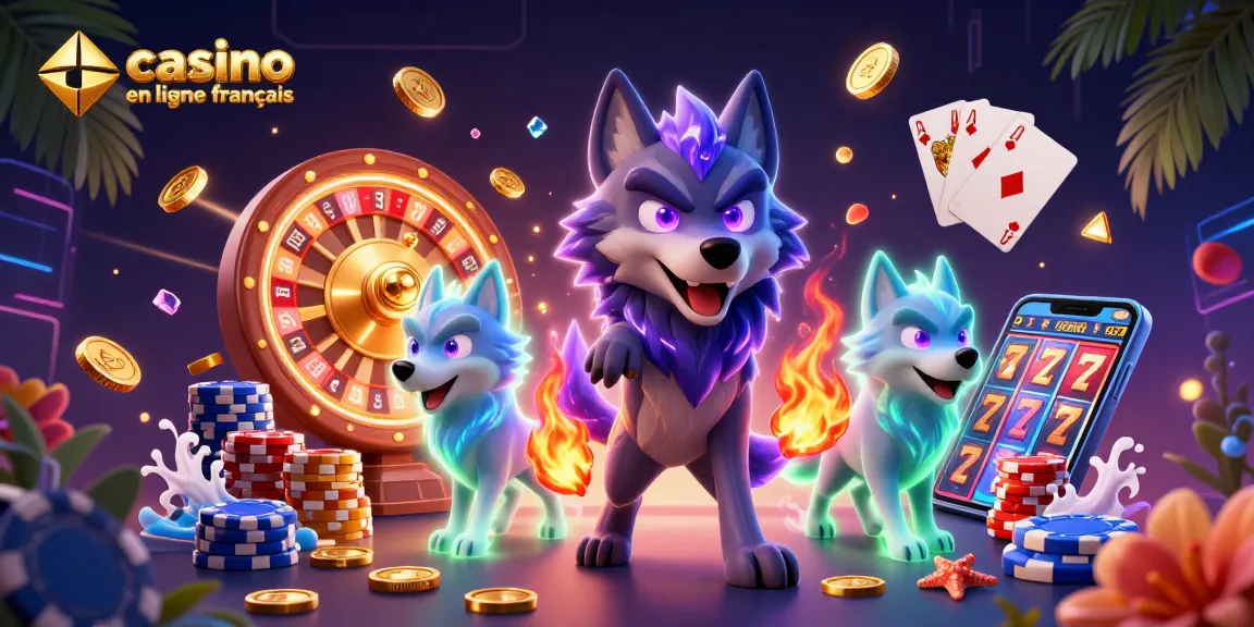 Gagnez avec casino en ligne français dans une illustration 3D d'éléments de jeu dynamique.