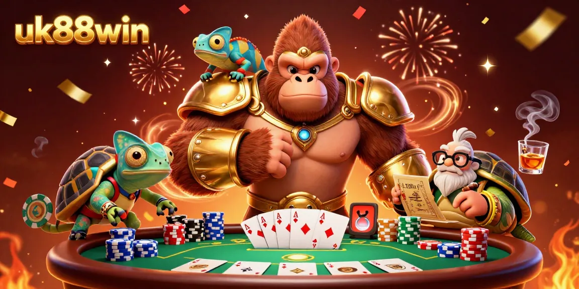 uk88win showcases a vibrant casino scene with a gorilla king, chameleon spy, and tortoise elder.