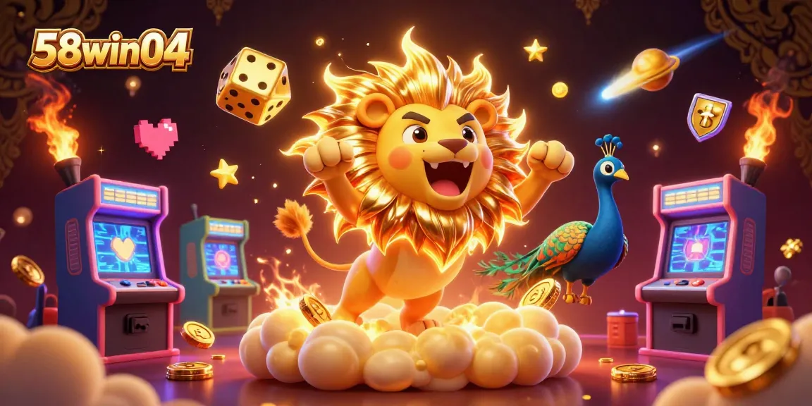 Join the exciting world of 58win04 as you play colorful arcade games surrounded by a roaring lion and golden dice.