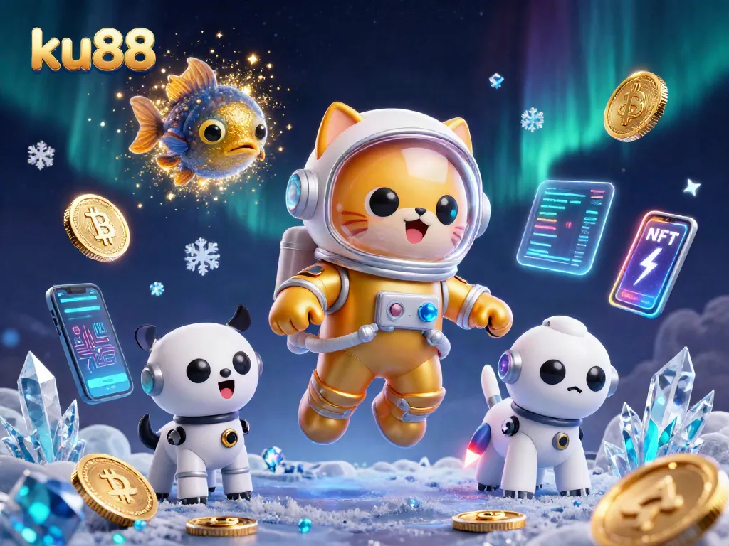 ku88 players can enjoy floating 3D atmosphere full of crypto coins and alien fish in an engaging online casino setting.