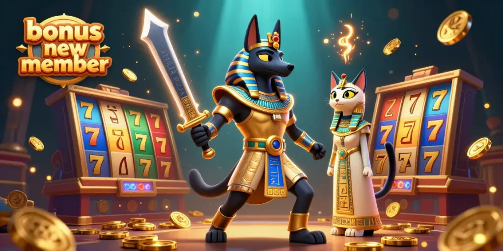 Engage with the thrilling bonus new member rewards at our casino, depicted in a vibrant 3D illustration featuring Anubis and Bastet.