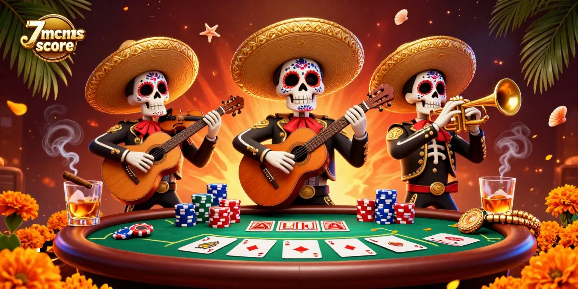 Engage with the vibrant 7mcnscore poker scene showcasing lively mariachi skeletons amid rich casino elements.