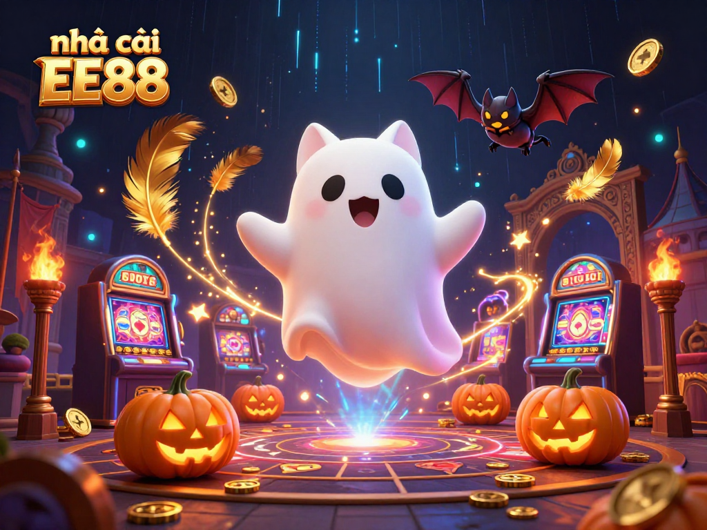 Engage in thrilling gameplay at nhà cái EE88 as a friendly ghost cat and vampire bat explore a haunted casino.