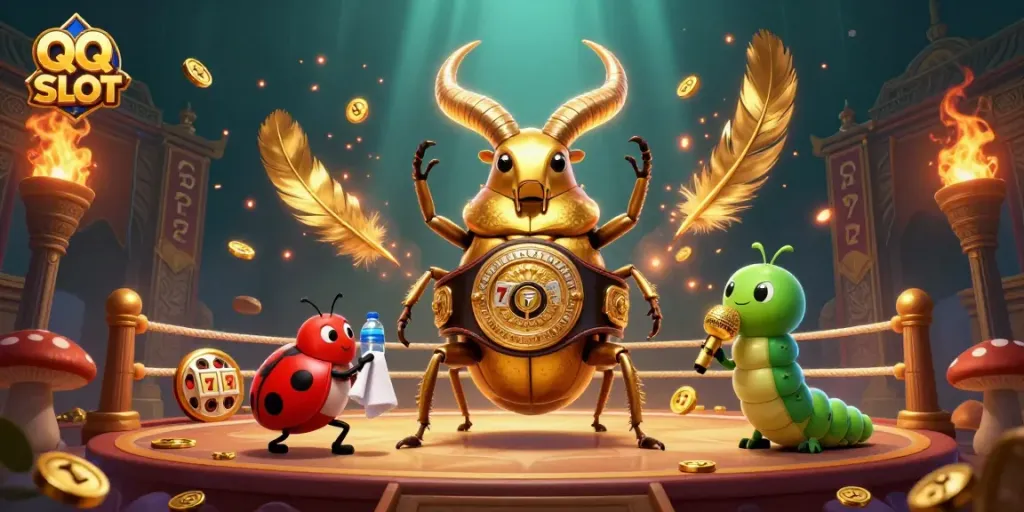 Experience QQ SLOT's vibrant world with a giant beetle champion, ladybug corner-man, and engaging casino elements.