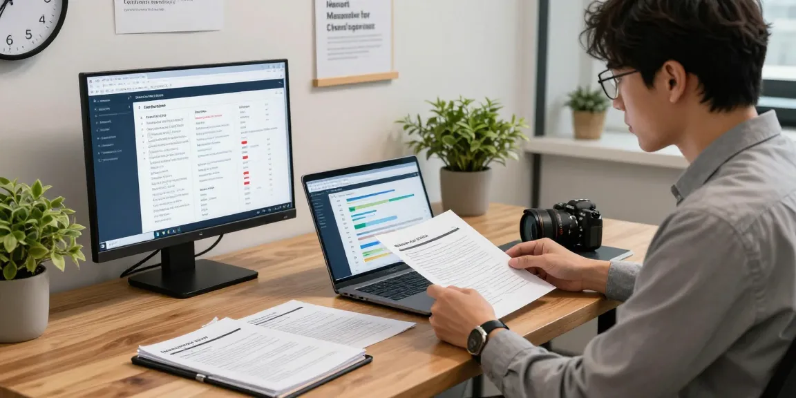 Data analyst utilizing document fraud detection software in a modern office.