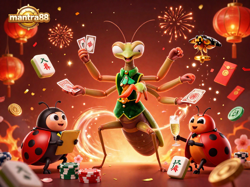 mantra88 showcases an exciting casino scene with a giant praying mantis and ladybug characters