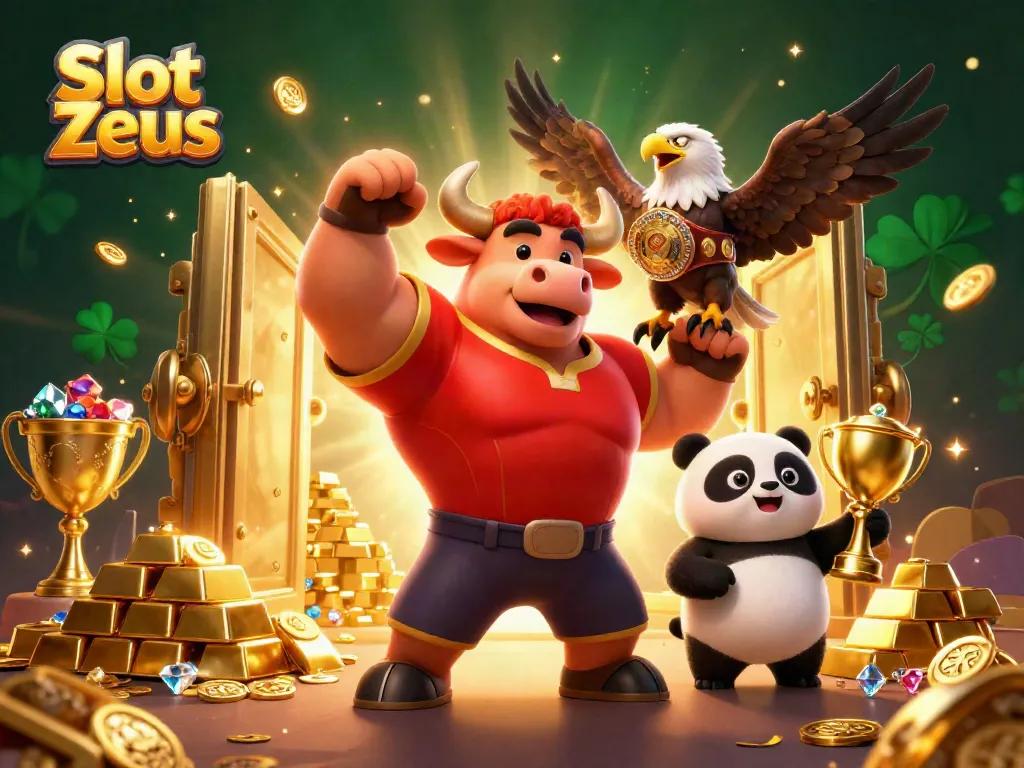 Spin to win with Slot Zeus featuring a bull, eagle, and panda amidst treasure and excitement.