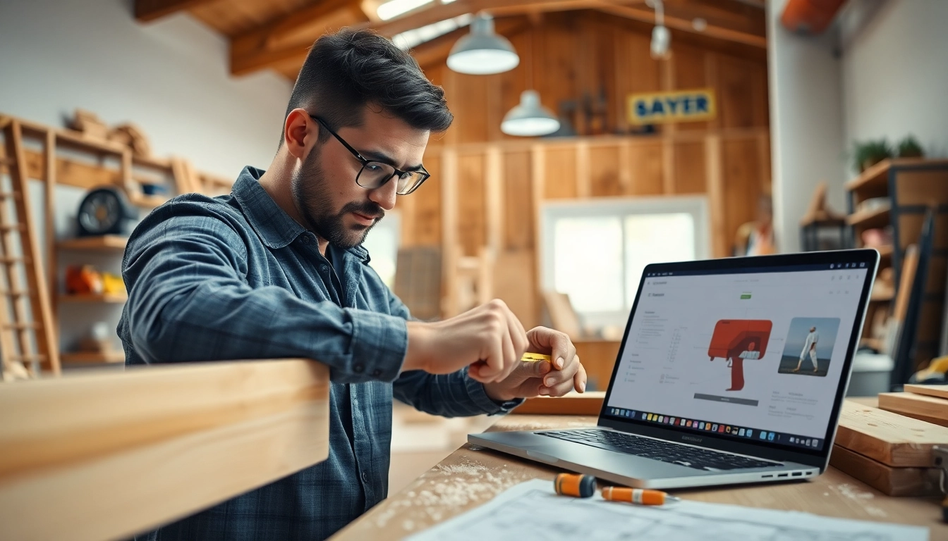 Engage in home improvement with a focused contractor measuring wood in a bright workshop.