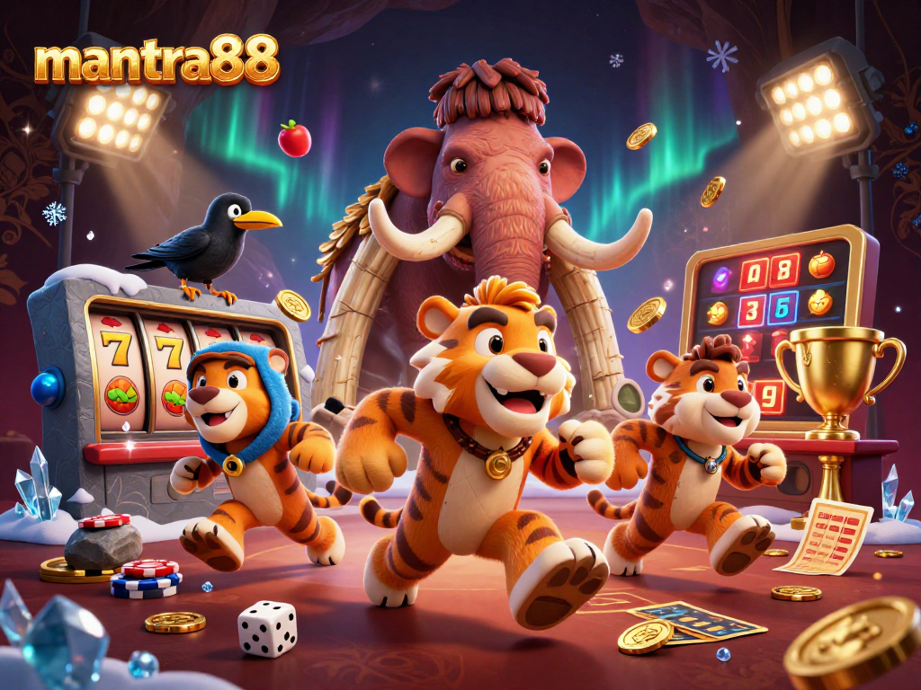 Engage in thrilling play at mantra88, featuring 3D characters in a prehistoric casino with vibrant gaming elements flying around.