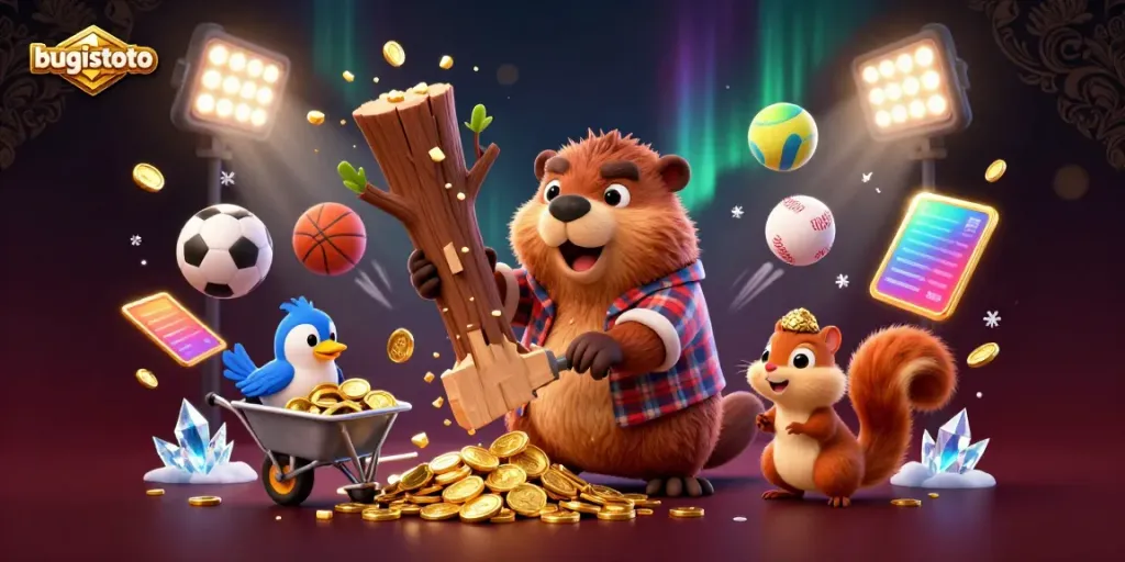 Bettors enjoying bugistoto's offerings as a cartoon beaver collects golden coins in a dynamic casino scene.