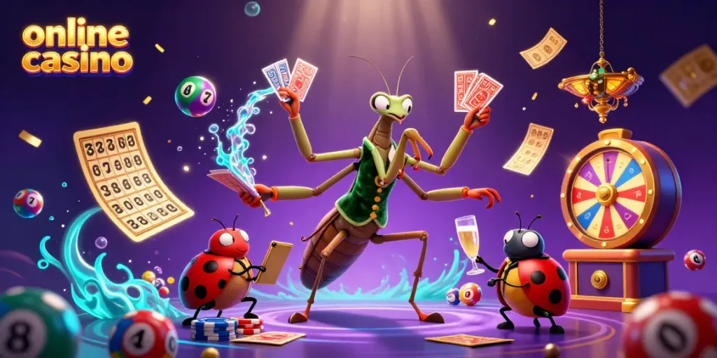 Experience the thrill of an online casino with vibrant illustrations of games and characters.