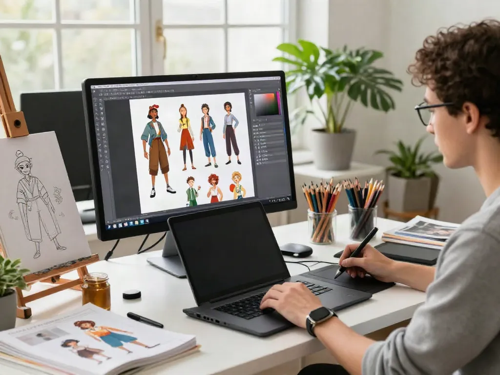 Artist using an AI character sheet generator to create consistent character designs for projects.