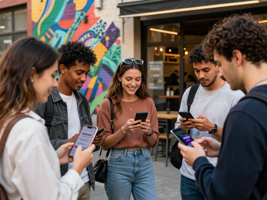 Young adults exploring how old do I look using social apps in vibrant city.