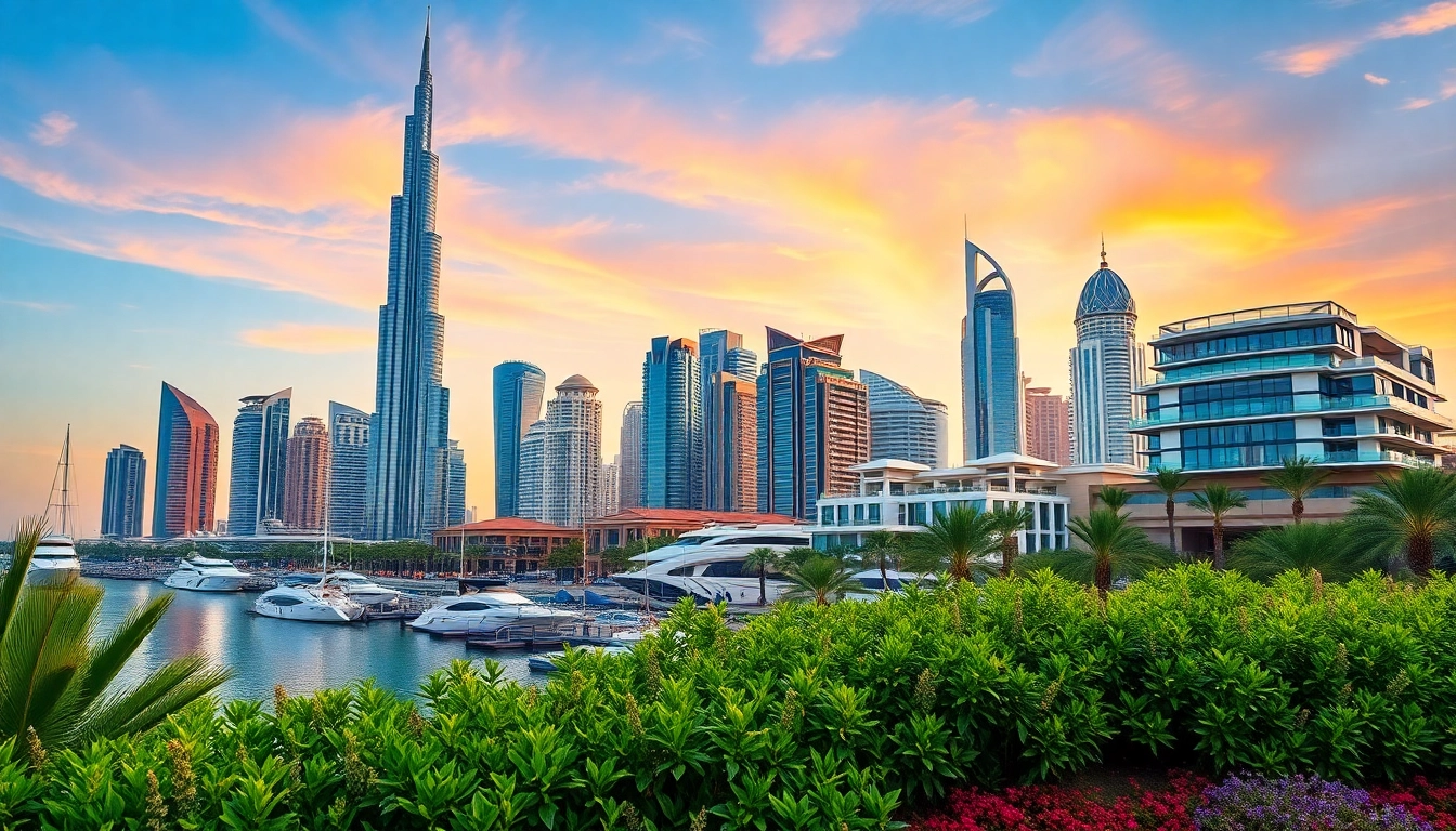 Real estate in dubai skyline with luxurious buildings and vibrant waterfront.
