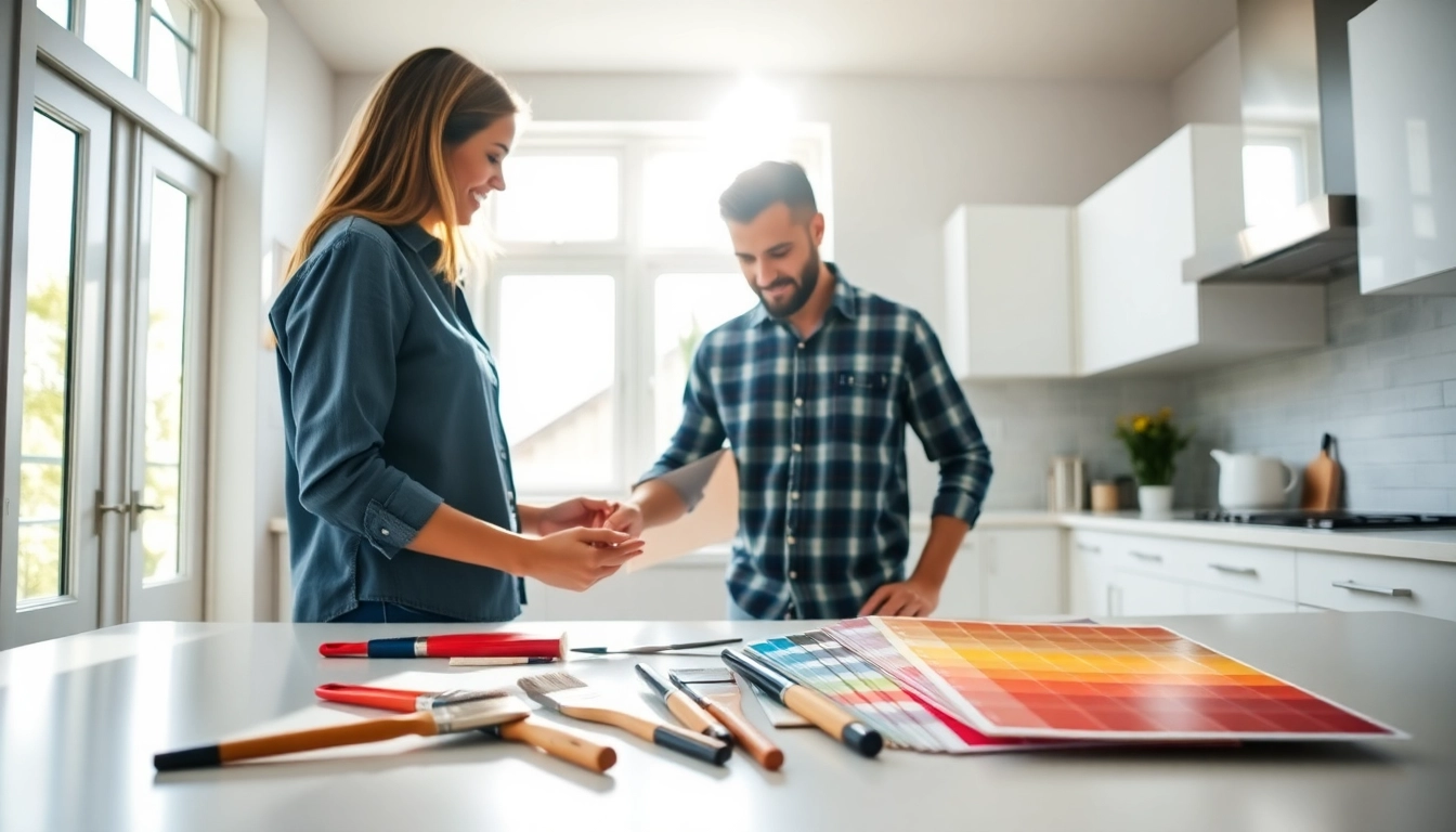 Home improvement enthusiast selecting colors in a bright kitchen environment, showcasing renovation inspirations.